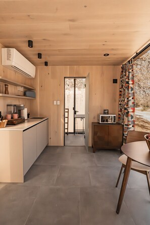 Fridge, microwave, coffee/tea maker, toaster