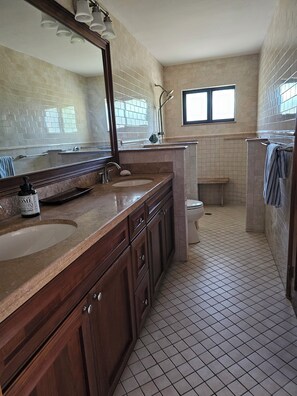 Douche, séchoir à cheveux, serviettes fournies, savon
