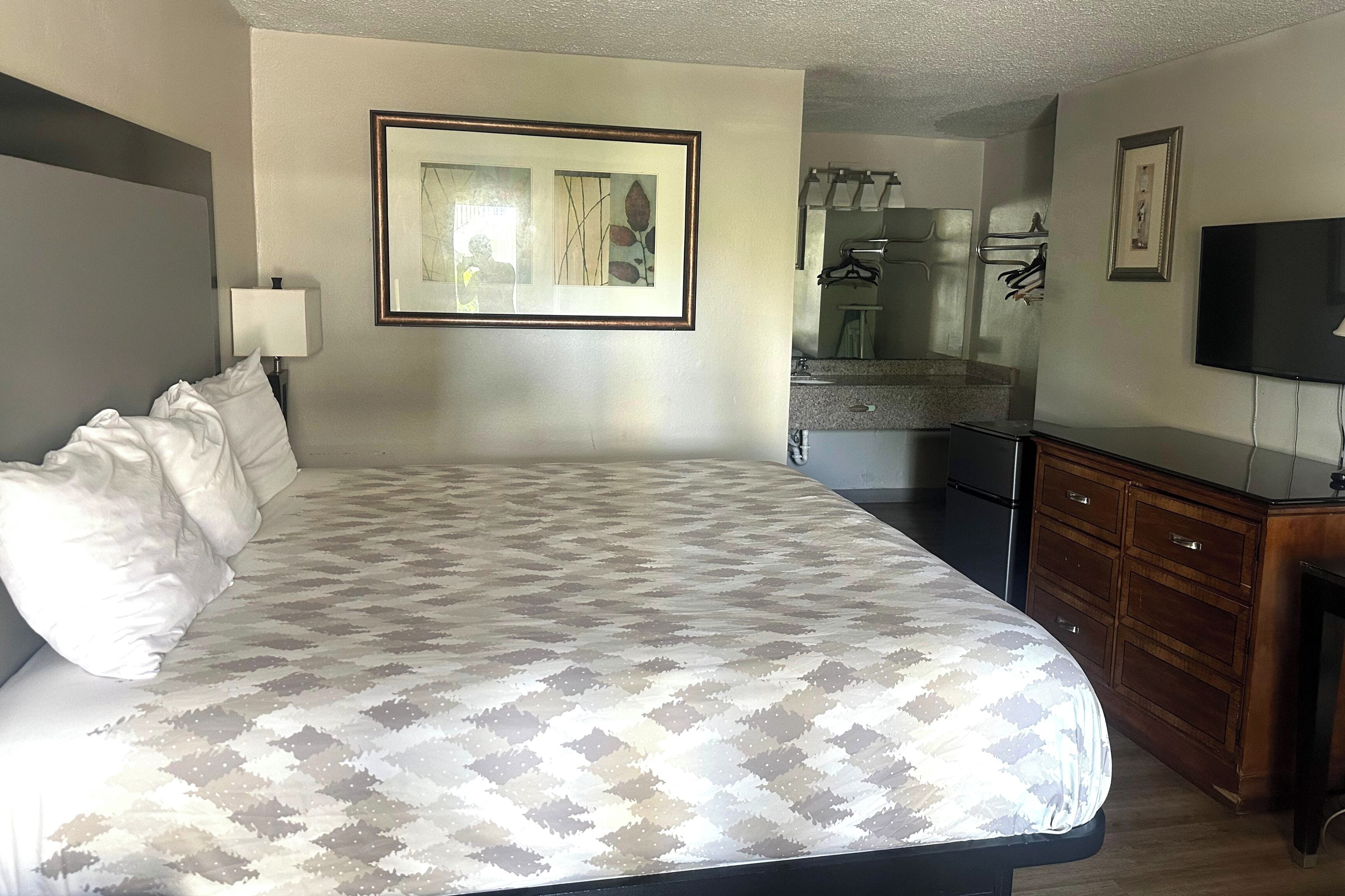 Habitación de hotel con cama, cómoda, televisor, espejo y un cuadro en la pared.
