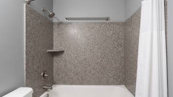 Hair dryer, towels, soap, shampoo