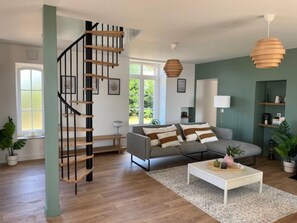 Smart TV, fireplace, books