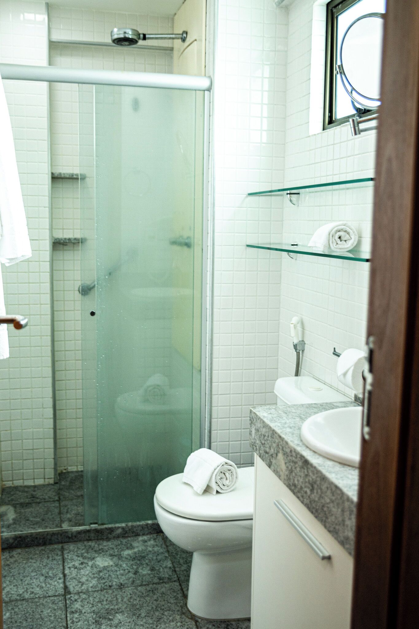 Une salle de bain avec une douche à parois de verre, des toilettes et un lavabo.