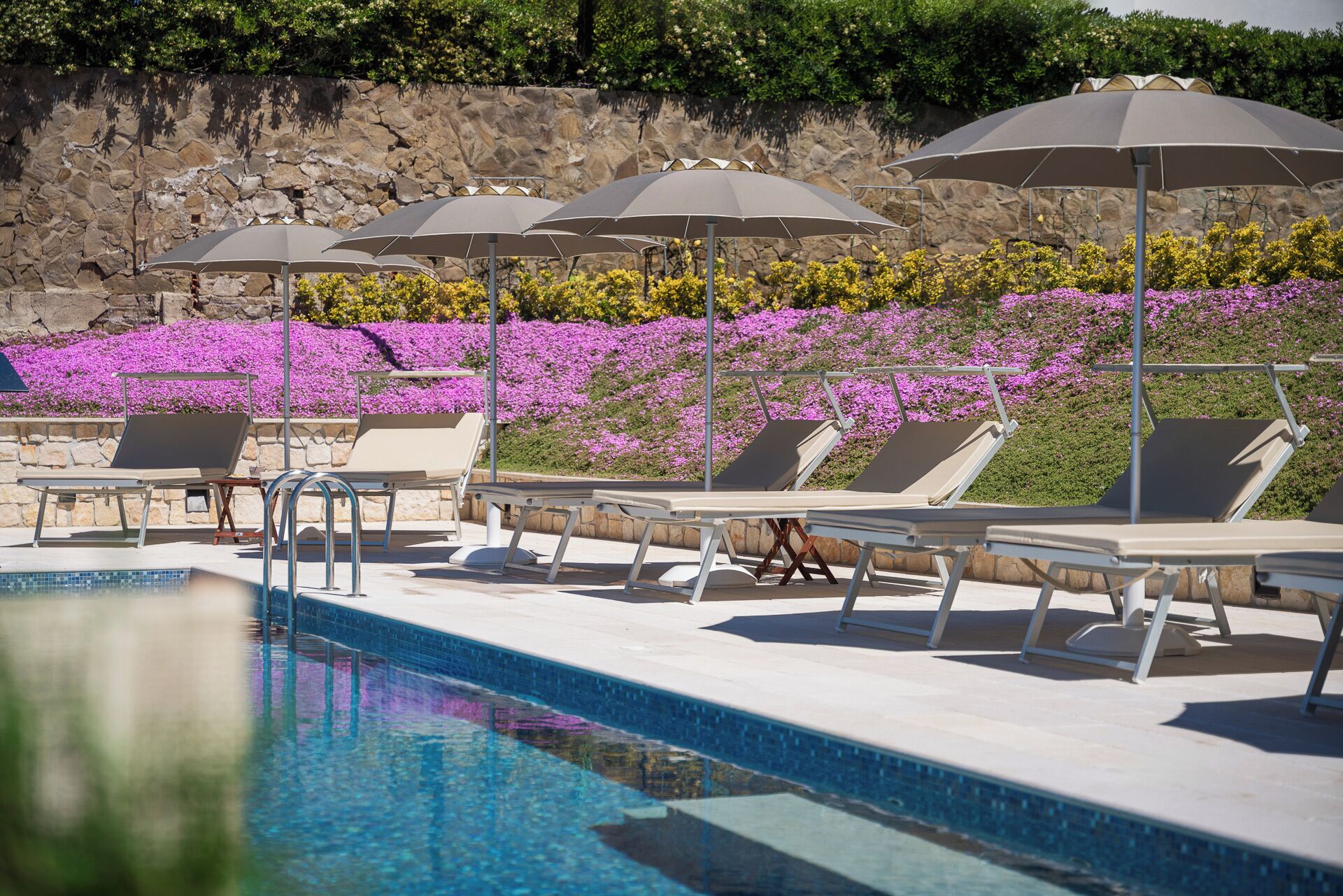 A poolside area with lounge chairs and umbrellas, a stone wall, and flowering plants.