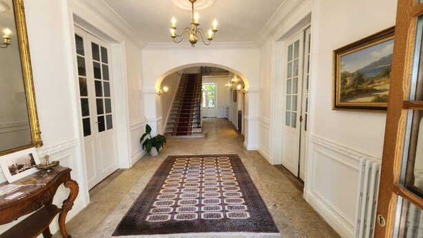 A hallway with a patterned rug, a staircase, and a painting on the wall. - Château de la Rochetière (Marcilloles)