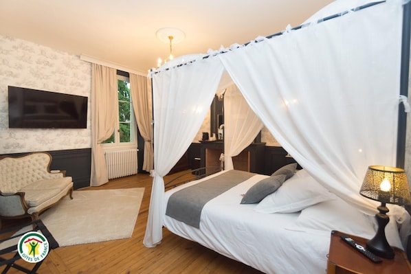 A bedroom with a four-poster bed, a television, a chair, and a nightstand with a lamp. - Château de la Rochetière (Marcilloles)