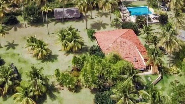 An aerial view of a beach resort with a clear view of the ocean, a sandy beach, and a cluster of palm trees. - Côté Sud Pousada de Charme (São Miguel dos Milagres)