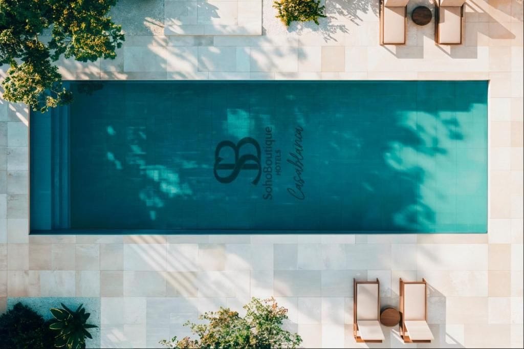 Piscina no terraço com logotipo, rodeada por espreguiçadeiras e plantas em vasos.