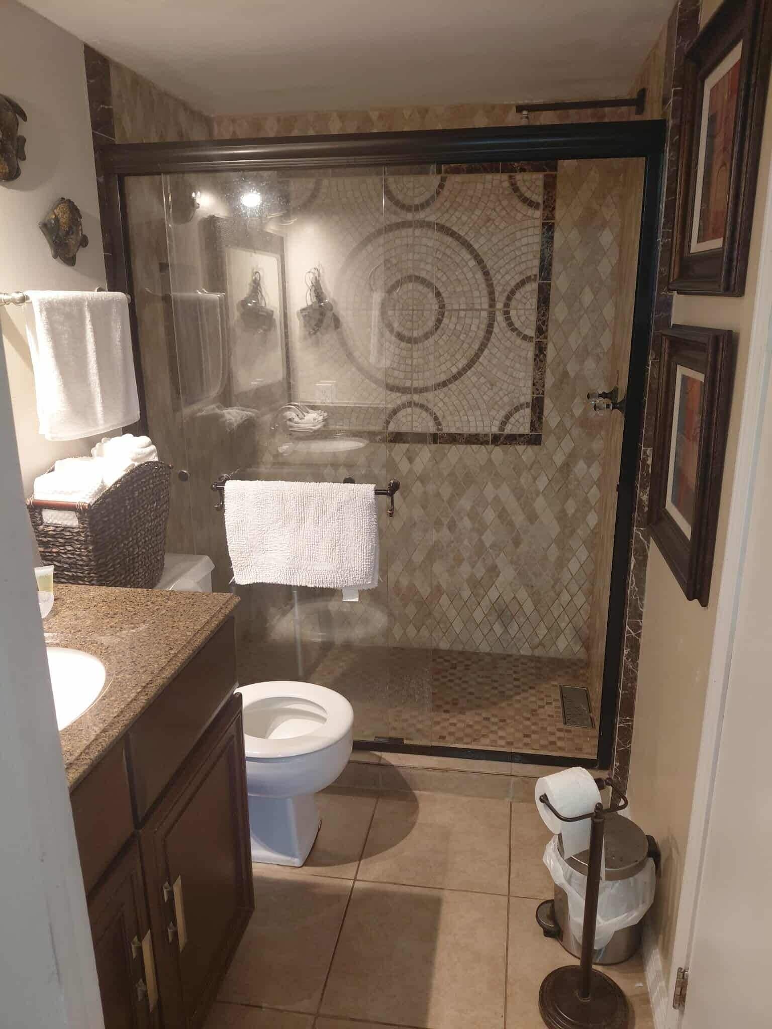 Shower, hair dryer, towels, soap