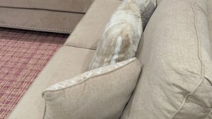 A beige sectional sofa with patterned cushions and a matching ottoman, positioned in front of a window with sheer curtains.