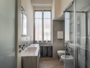 Shower, hair dryer, bidet, towels