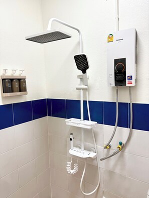 Hair dryer, bidet, towels, soap