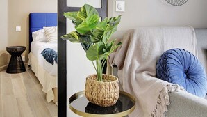 A modern living room with a sofa, a coffee table with a plant, and a wall art piece. - Lovely Apartment - 1br/4p - Buttes-chaumont (Paris)