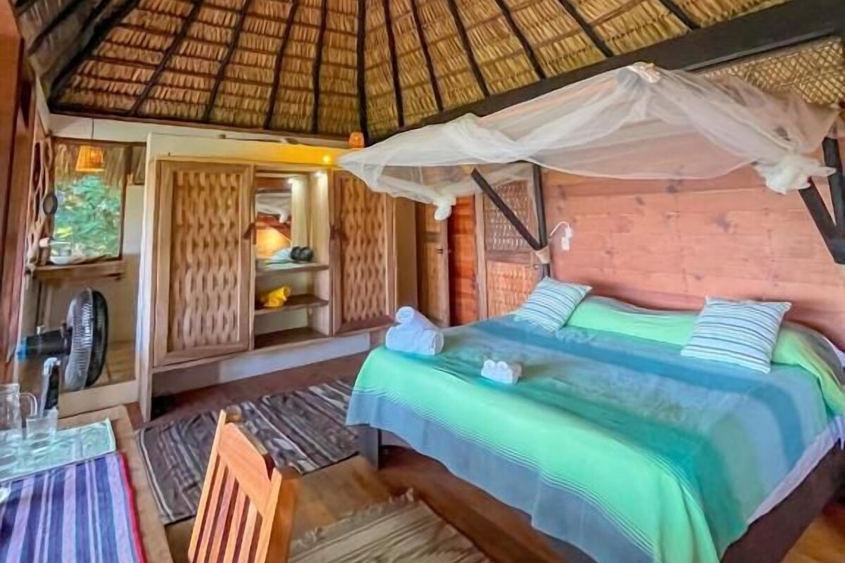 A room with a bed, a fan, a table, and a chair.