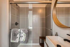 Shower, towels, soap, toilet paper