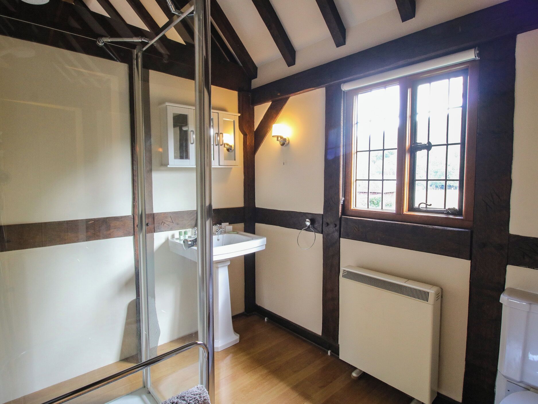 Une salle de bain avec une douche à parois de verre, un lavabo blanc, une fenêtre avec vue et un radiateur.