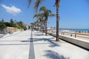 Un paseo marítimo empedrado con palmeras, una playa al fondo y un cielo azul despejado.