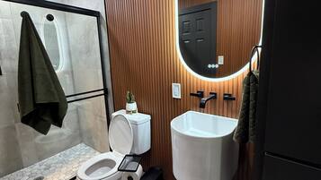 Hair dryer, towels, soap, toilet paper