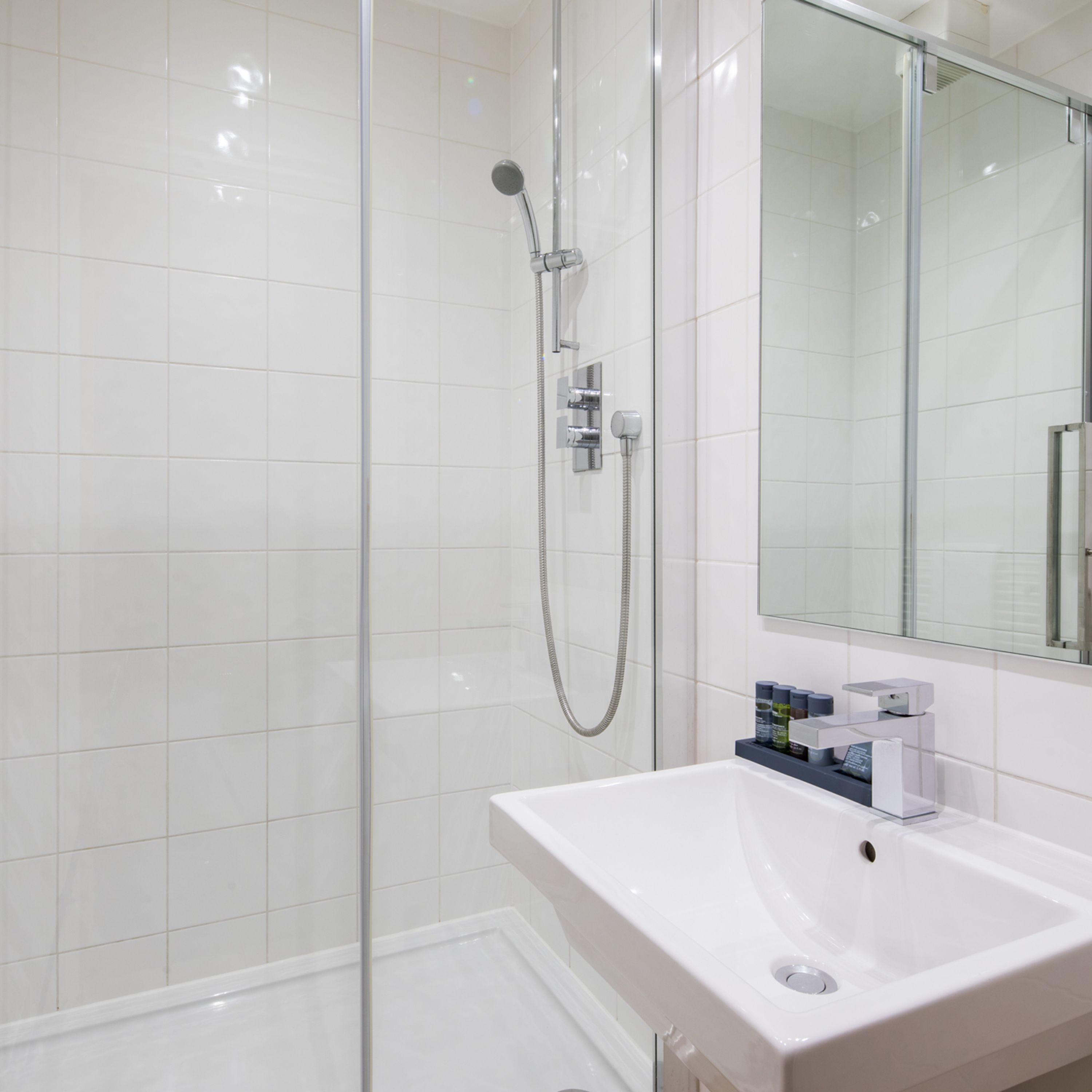 A modern bathroom with a glass-enclosed shower, a white sink, and a mirror above it.