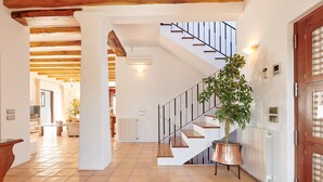A spacious hallway with a wooden staircase, a potted plant, and a door on the right.