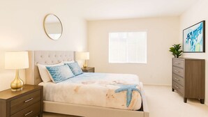 A bedroom with a bed, nightstands, a dresser, a mirror, and a window.
