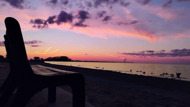 A beach chair facing a sunset with a view of the sea and birds. - *Port Clinton*3 BedRM*SunRM*Fenced Yard*Near Beach/Park/Lighthouse/Restaurants* (Port Clinton)