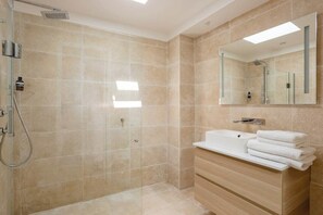 Hair dryer, towels, soap, toilet paper