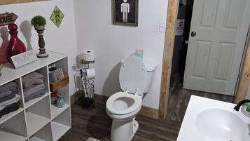 Regadera, toallas, papel de baño