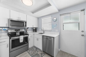 A modern kitchen with stainless steel appliances, white cabinetry, a built-in dishwasher, and a window with blinds.