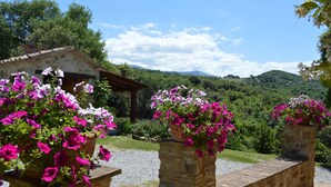 A stone building with a rustic roof, surrounded by lush greenery and hills in the background. - Agriturismo Bellavista between Amiata and Val dórcia - Mountain apartment (Toscana)