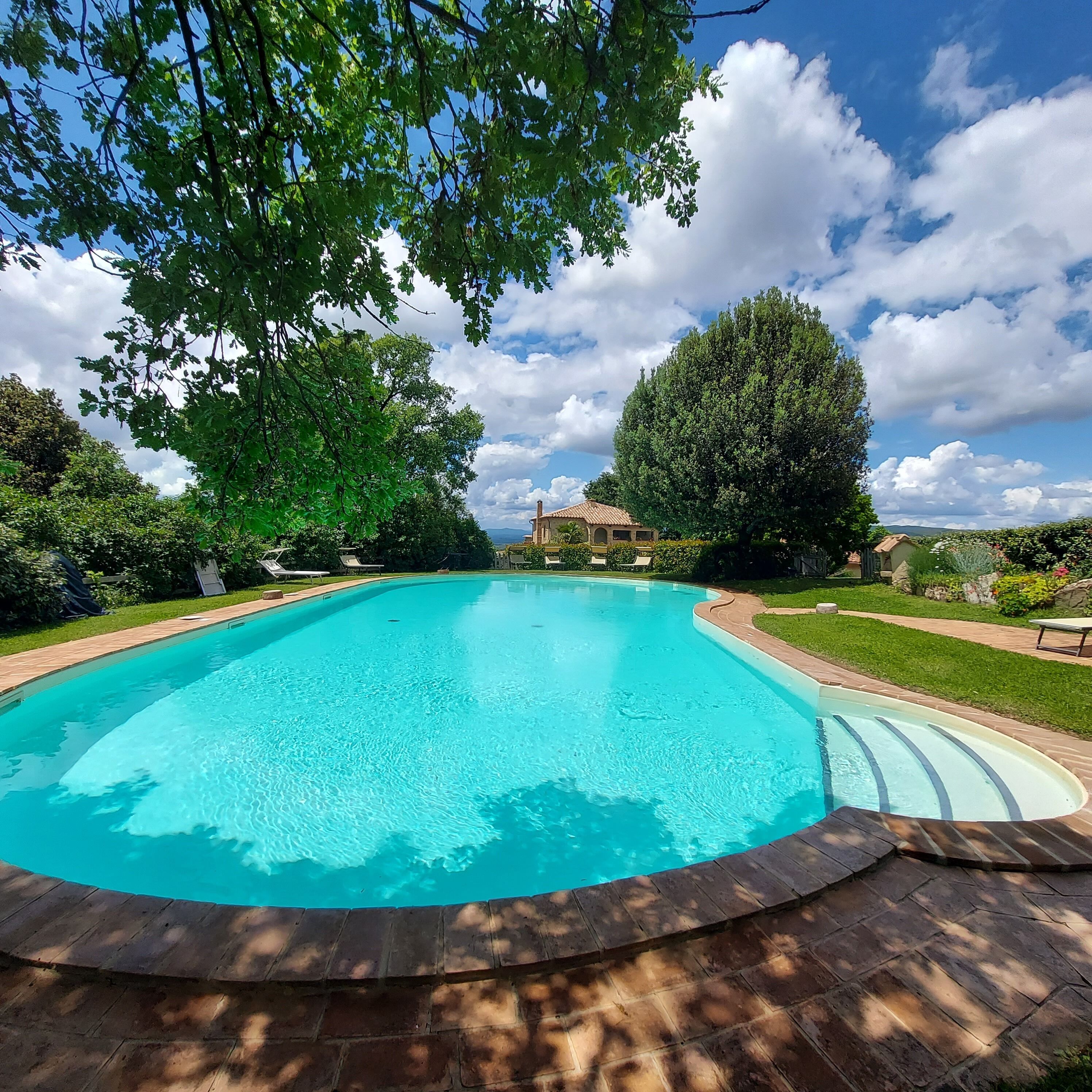 A swimming pool with a clear blue water, surrounded by a brick deck and lush greenery.