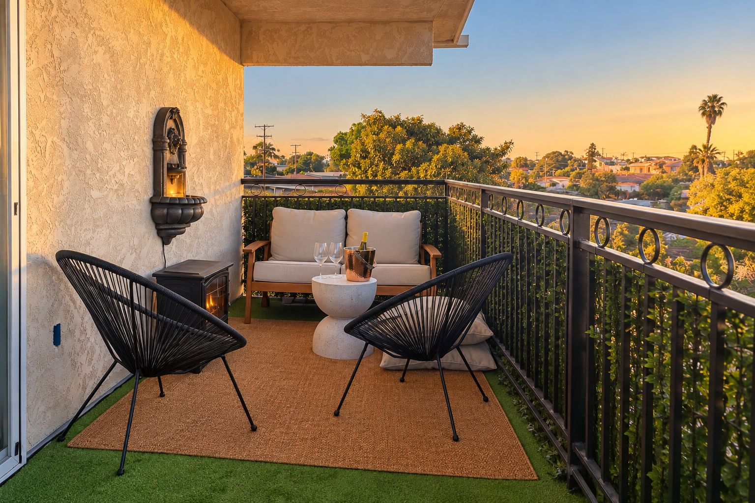 Sip your morning coffee or enjoy sunset drinks on the furnished balcony, complete with comfortable seating and beautiful palm-lined views.