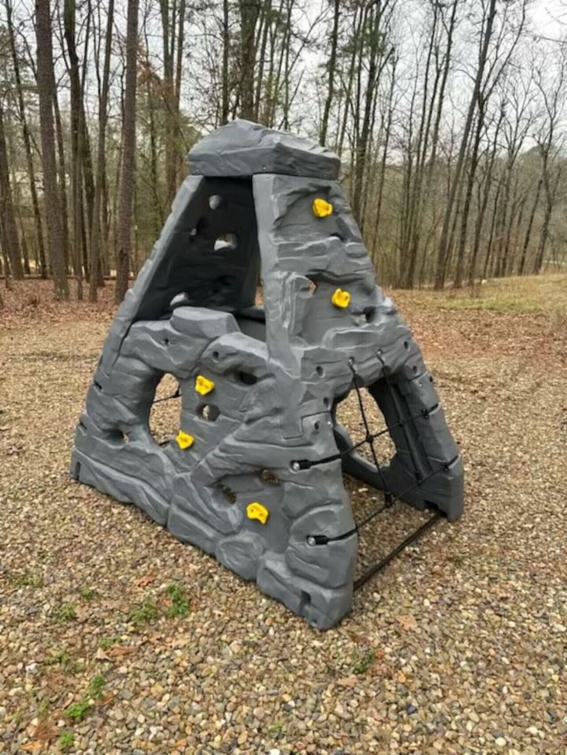 Uma estrutura de escalada com vários pontos de apoio e uma escada.