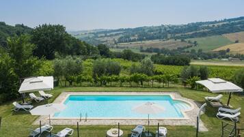 Ein rechteckiger Swimmingpool mit Steinbordur, umgeben von weißen Liegestühlen und Sonnenschirmen, vor der Kulisse von sanften Hügeln und Weinbergen.