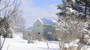 A two-story house with a snow-covered roof and yard, surrounded by bare trees and shrubs. - The Bumbletown Hill House (Allouez)