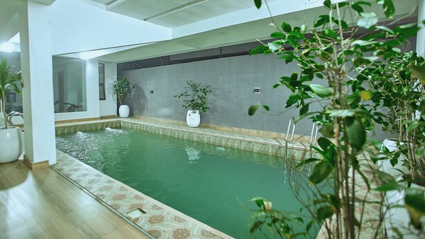 A modern indoor swimming pool with clear water, surrounded by white walls and potted plants. - Midak Mews 2 Oceanview Luxury Apartments (Lekki)