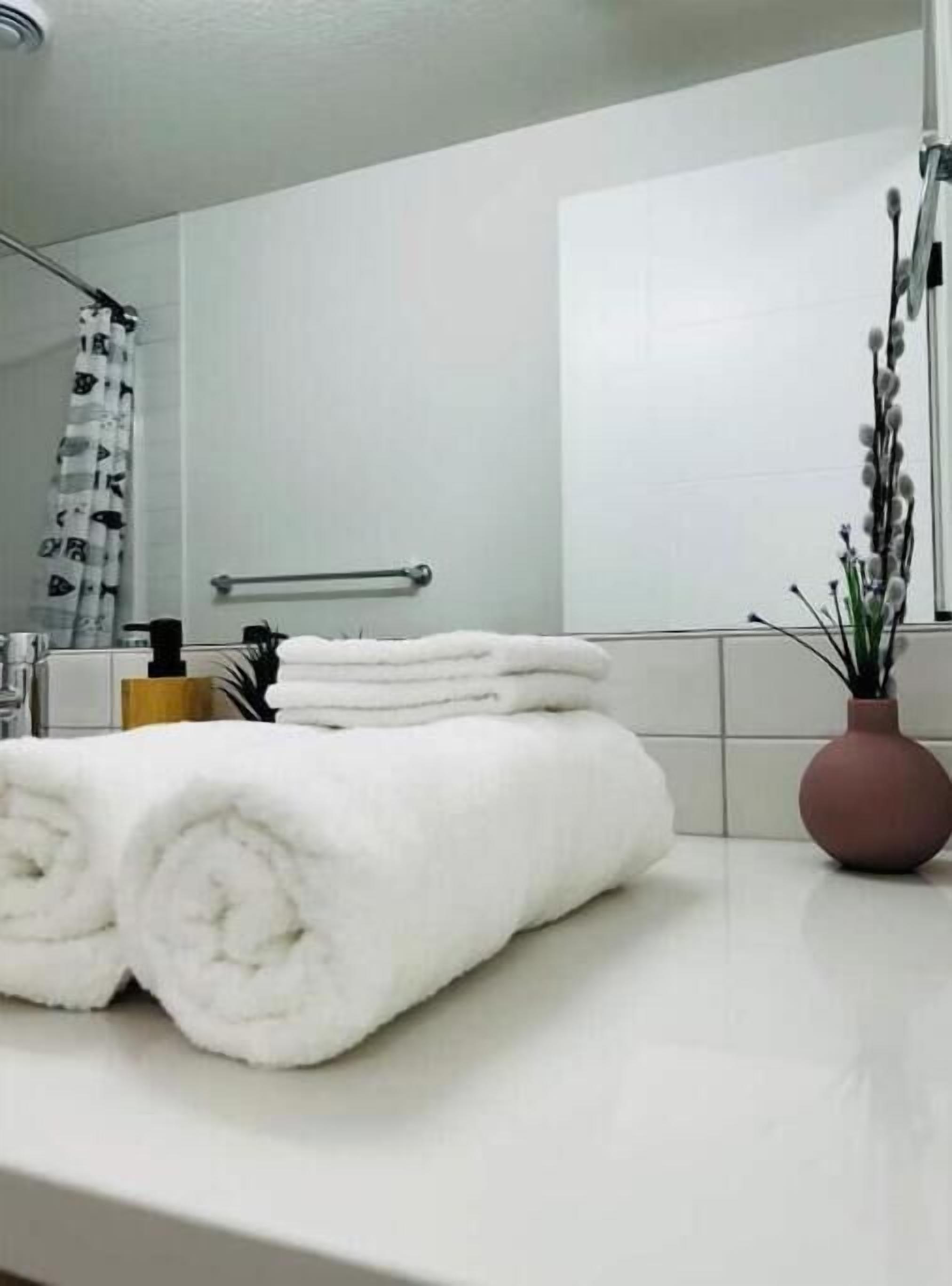 A bathroom with a white countertop, a towel rack, a mirror, and a potted plant.