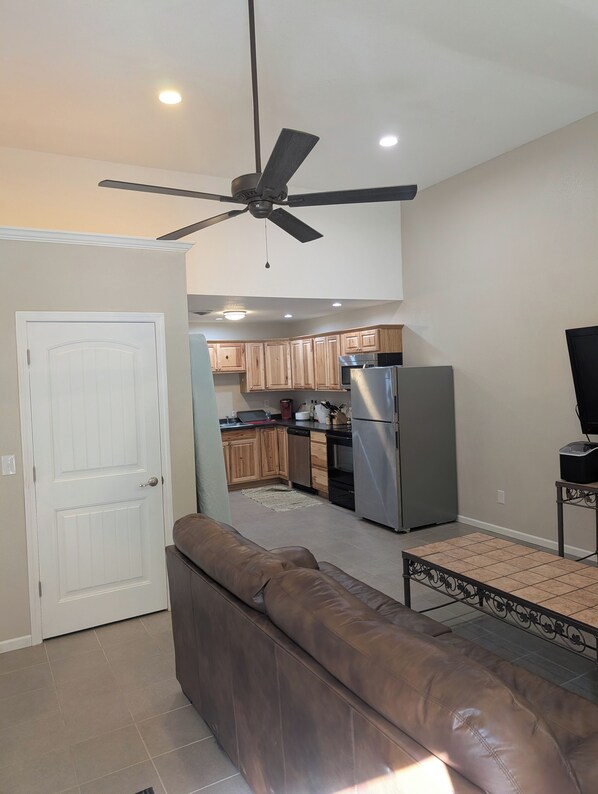 TV connectée, cheminée, lecteur de DVD, livres