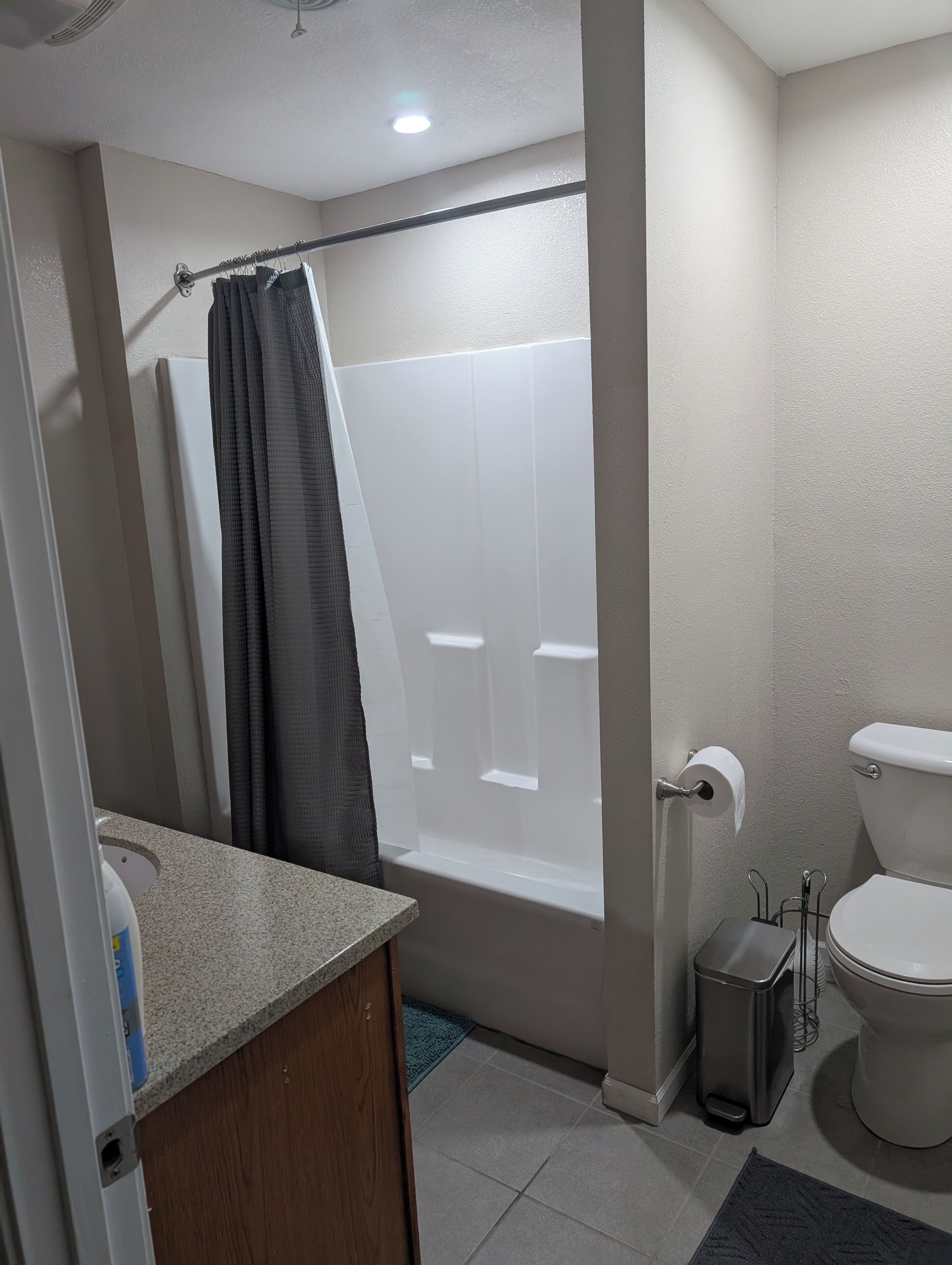A bathroom with a shower, toilet, and sink.