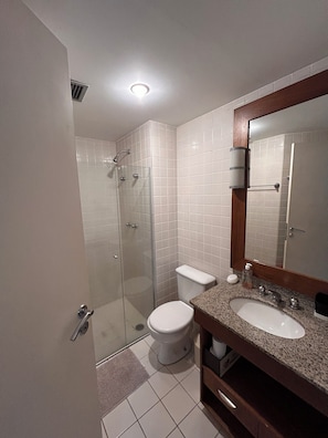 Hair dryer, towels, toilet paper