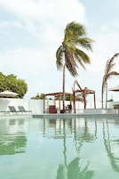 Un área de piscina con sillones reclinables, una pérgola y palmeras.