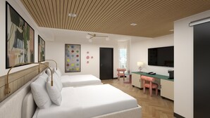A modern hotel room with two beds, a desk, a TV, and artwork on the walls. - Hilton Miami Beach (Miami Beach)