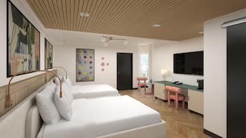 A modern hotel room with two beds, a desk, a TV, and a door.
