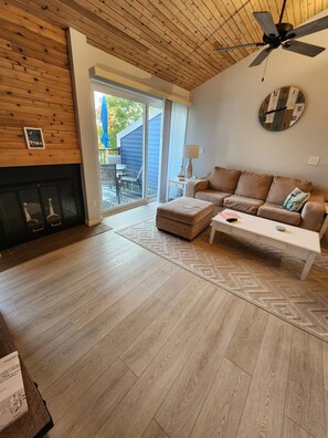 Smart TV, fireplace, books