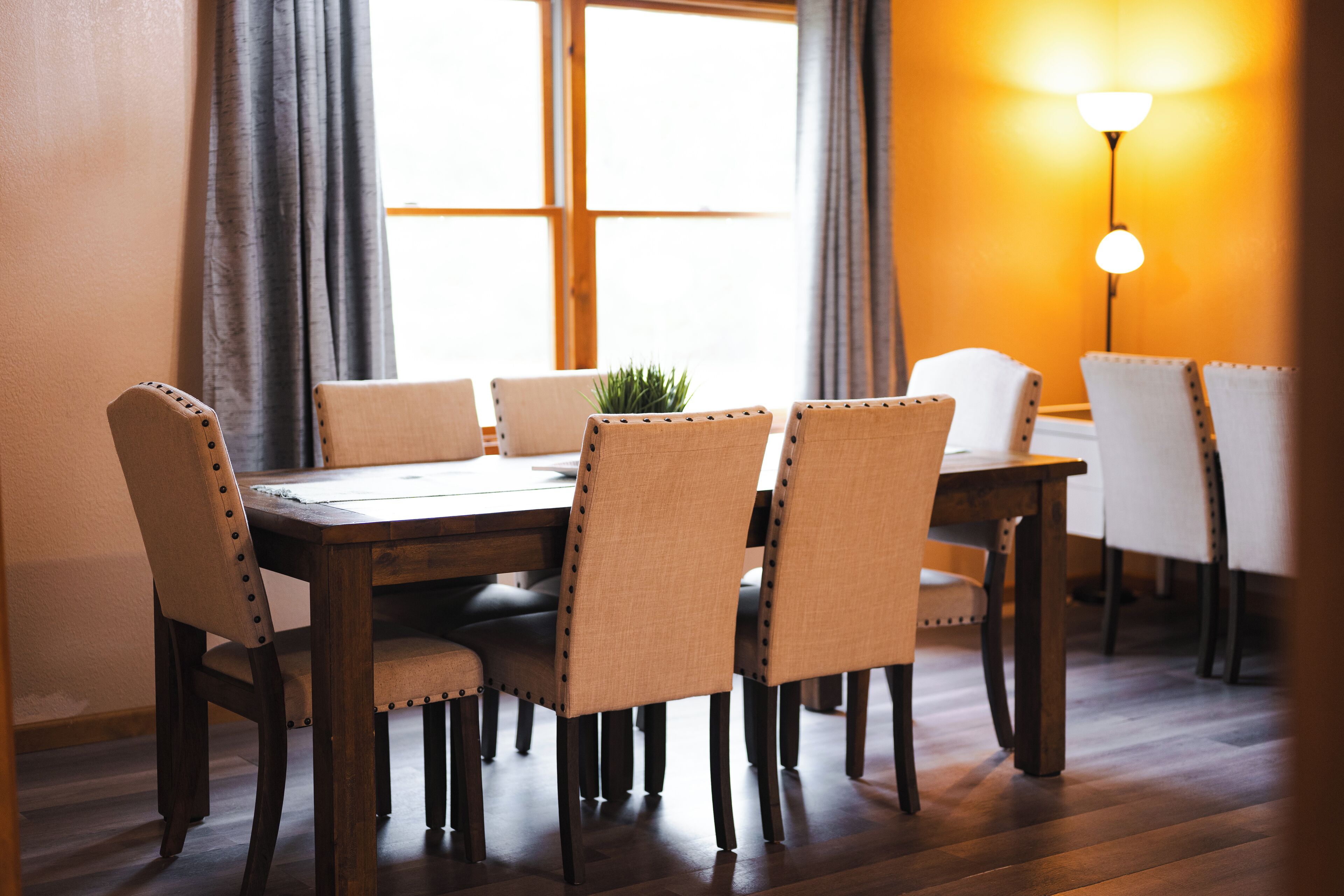 Un comedor con una mesa de madera y seis sillas, una planta en maceta y una lámpara de pie.