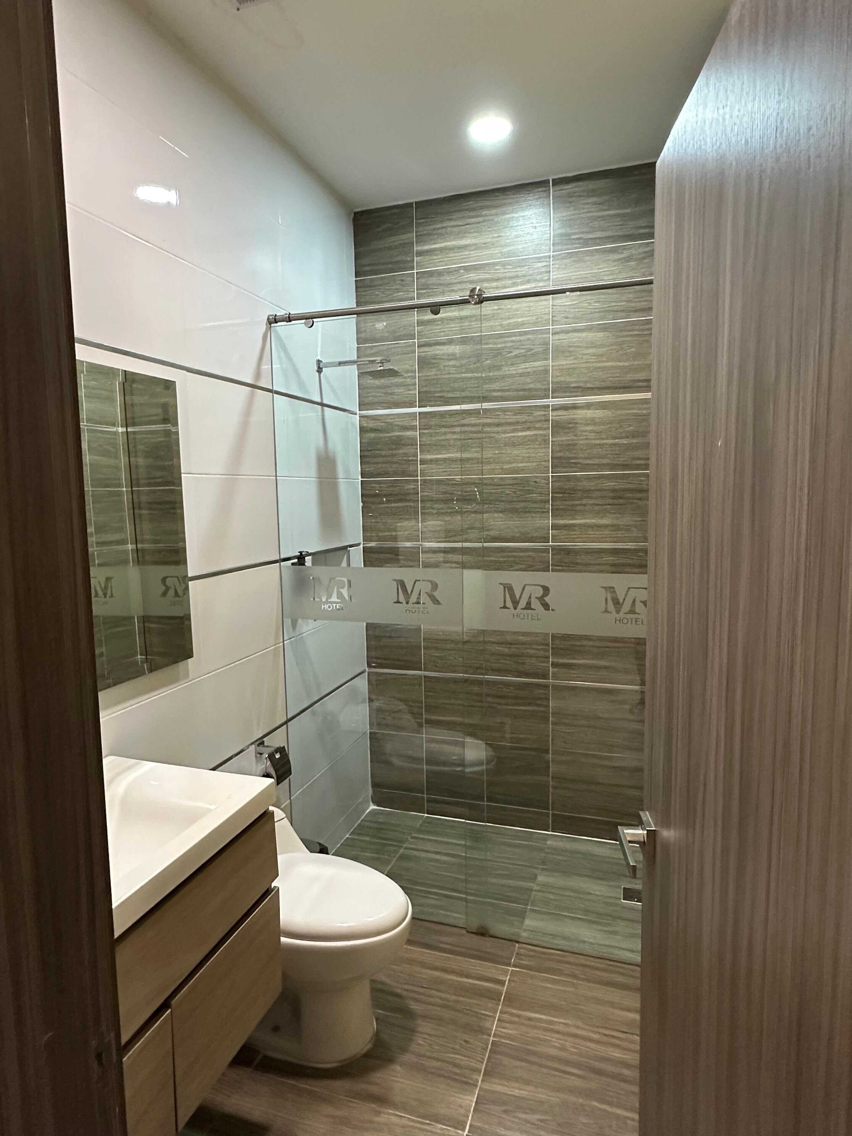 A modern bathroom with a glass shower enclosure, a toilet, and a vanity with a mirror.