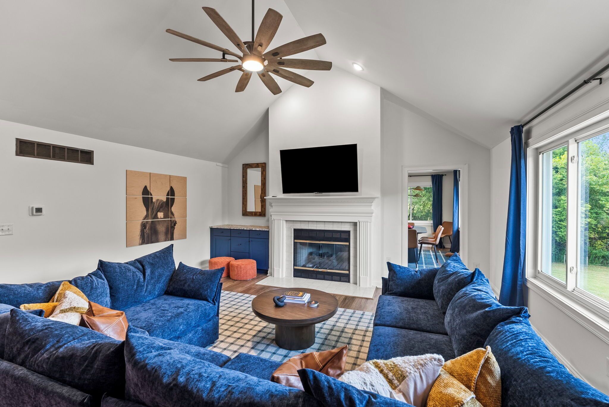 Smart TV, lareira, livros