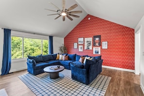 Smart TV, fireplace, books