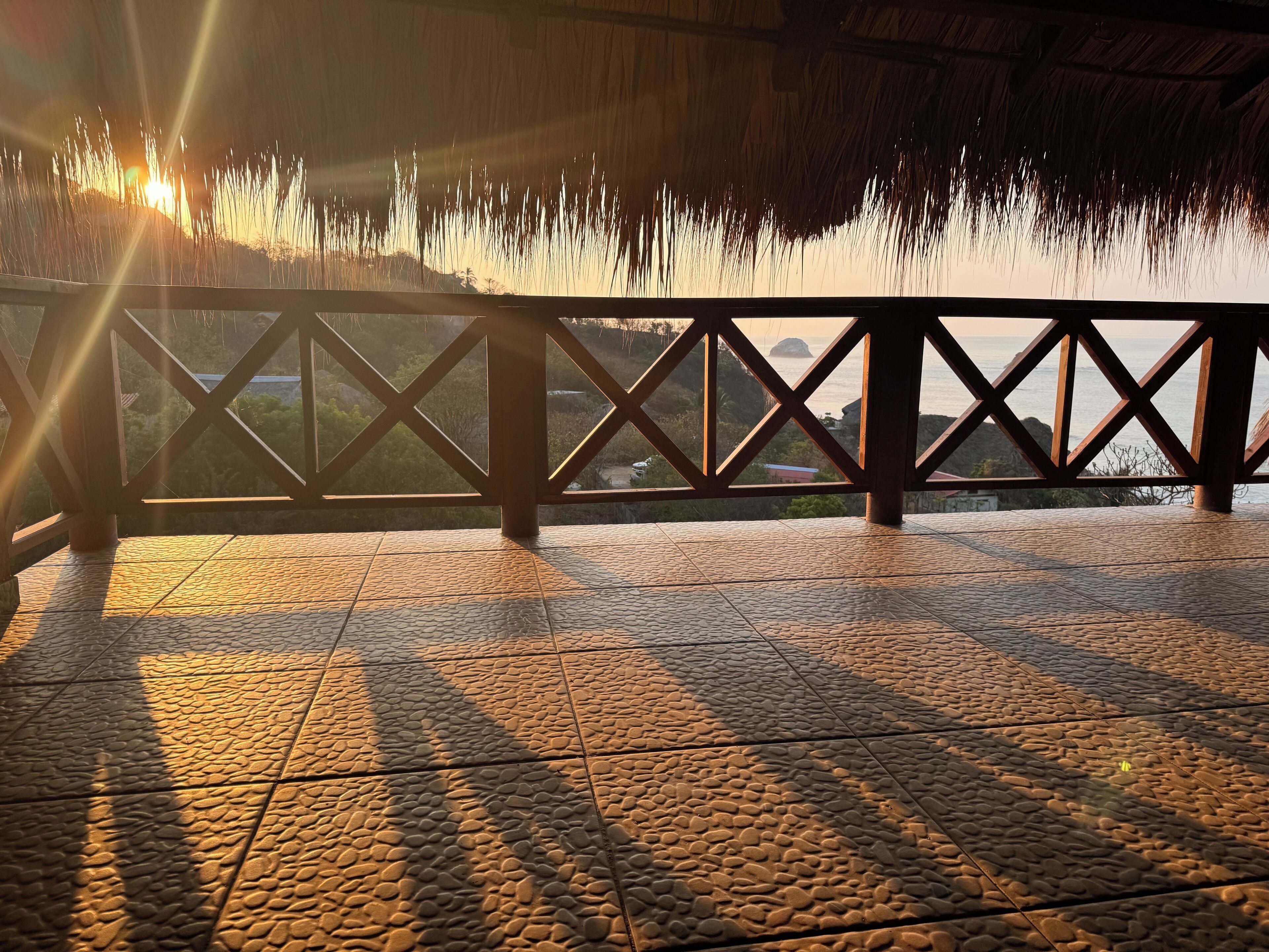 A terrace with a thatched roof, a railing, and a view of the sea.