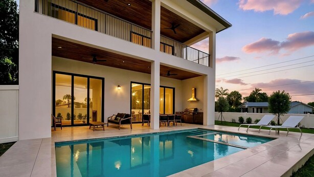 A modern two-story house with a swimming pool, outdoor seating, and a balcony. - NEW! Luxury 6BR Villa w/ Pool & Spa (Naples)