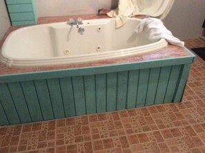 Shower, jetted tub, hair dryer, towels